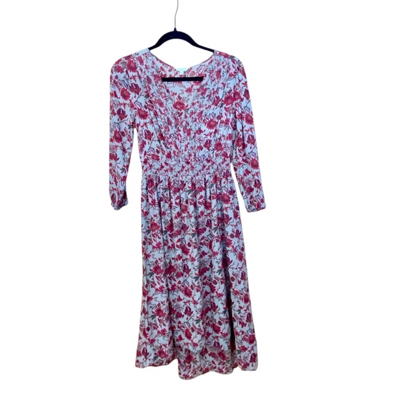 Lucky Brand Midi Flowy Floral V Neck Dress Small Boho Long Sleeves Green Red - Picture 2 of 6